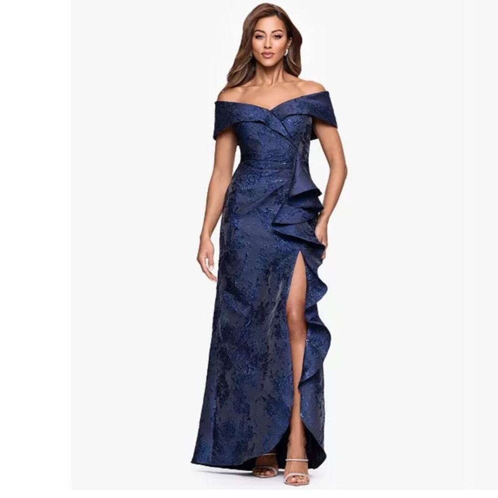 NWT Xscape navy blue metallic jacquard off shoulder ruffle gown dress 6